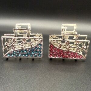 2pc Rhinestone Hair Claw Clips Floral Design Silver‎ Tone Blue Pink